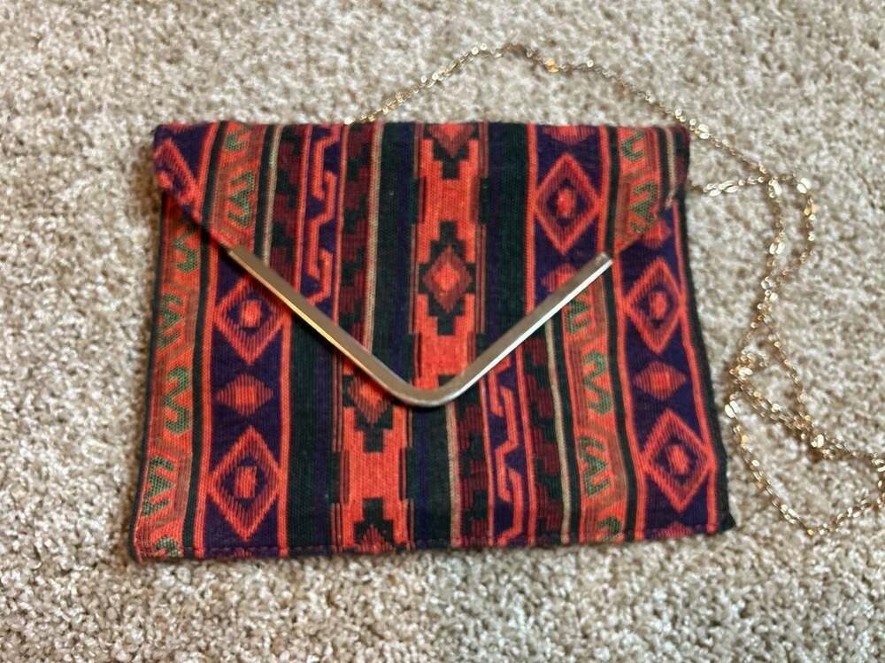 Geometric Tribal Pattern Envelope Clutch with Gold Chain Shoulder Strap